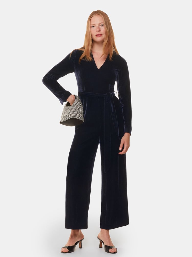 Whistles Blue Elora Velvet Jumpsuit - Image 1 of 5