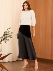 Love & Roses Black Satin Velvet Contrast Midi Slip Skirt - Image 3 of 4