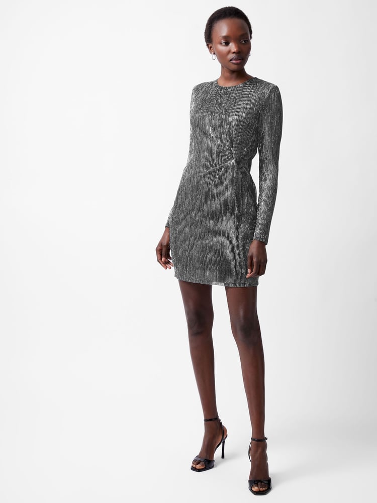 French Connection Silver Tamy Metallic Fitted Mini Dress - Image 1 of 4