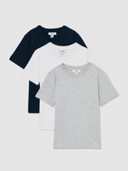 Reiss White/Soft Grey/Navy Honor 3-9 yrs 3 Pack Cotton Crew-Neck T-Shirts - Image 1 of 5