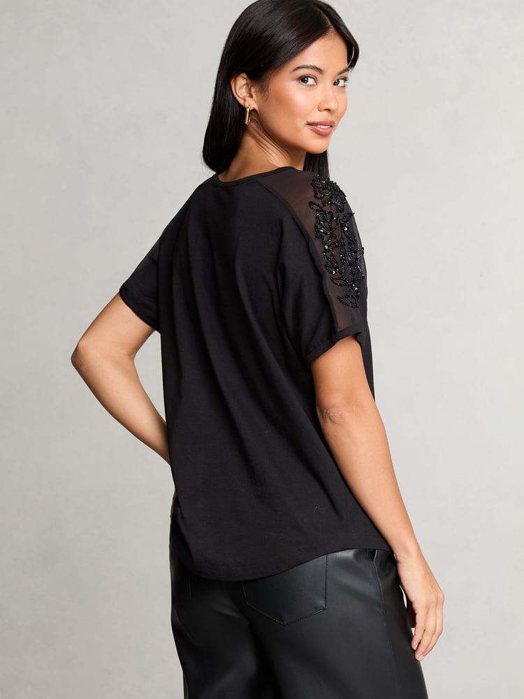 Lipsy Black Embellished Sleeve T-Shirt - Image 2 of 4 Lipsy Black Embellished Sleeve T-Shirt - Image 2 of 4
