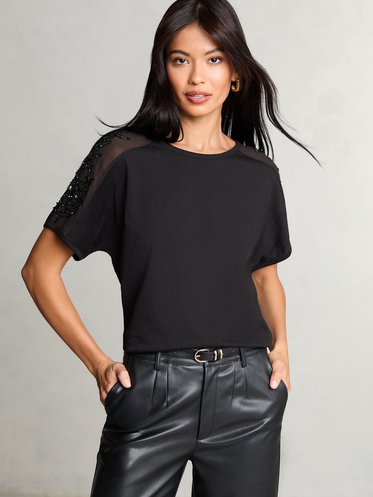 Lipsy Black Embellished Sleeve T-Shirt - Image 4 of 4 Lipsy Black Embellished Sleeve T-Shirt - Image 4 of 4