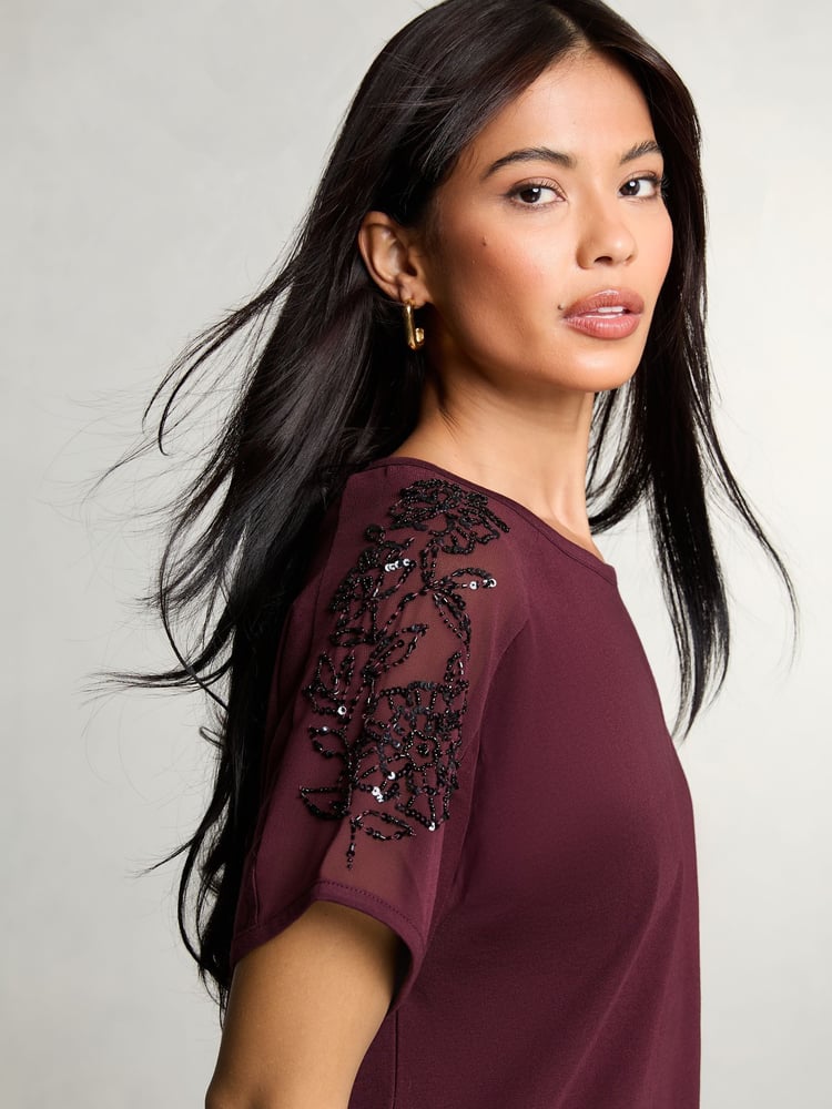 Lipsy Red Embellished Sleeve T-Shirt - Image 1 of 4 Lipsy Red Embellished Sleeve T-Shirt - Image 1 of 4