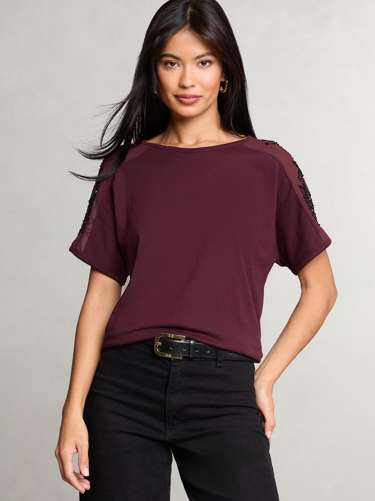 Lipsy Red Embellished Sleeve T-Shirt - Image 2 of 4 Lipsy Red Embellished Sleeve T-Shirt - Image 2 of 4
