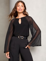 Lipsy Black Jersey Flare Sleeve  Keyhole Blouse - Image 1 of 4