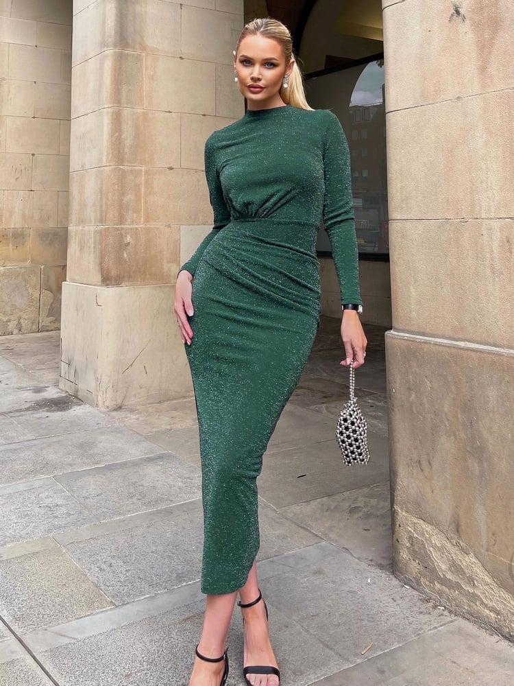 AX Paris Green Sparkly Long Sleeve Ruched Bodycon Midi Dress - Image 1 of 4