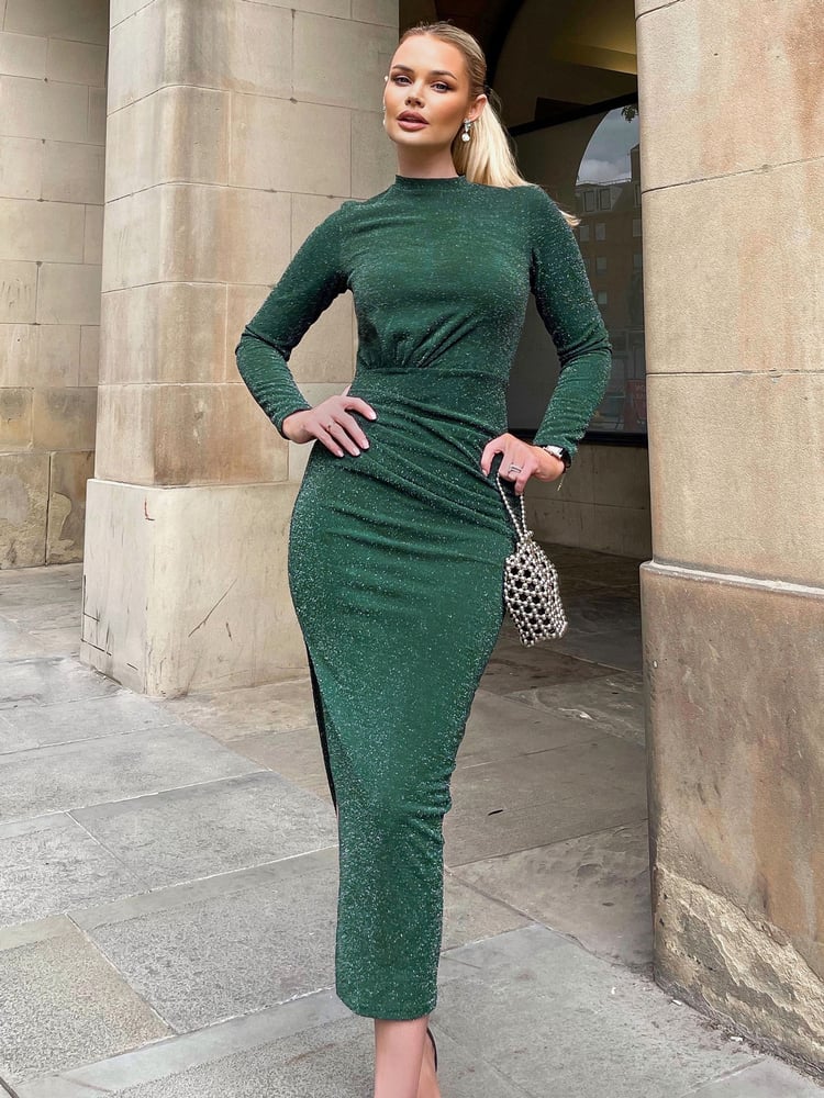 AX Paris Green Sparkly Long Sleeve Ruched Bodycon Midi Dress - Image 4 of 4