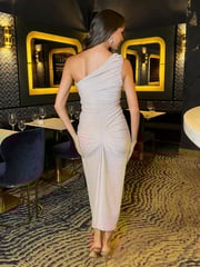 AX Paris Champagne Sparkle One Shoulder Gathered Midi Dress - Image 2 of 4