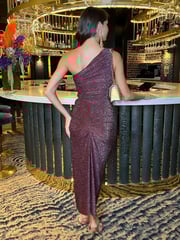 AX Paris Champagne Sparkle One Shoulder Gathered Midi Dress - Image 2 of 4