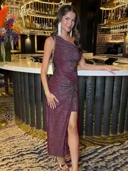 AX Paris Champagne Sparkle One Shoulder Gathered Midi Dress - Image 3 of 4