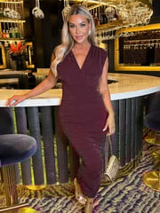 AX Paris Purple Plum Sparkle Wrap Top Ruched Skirt Midi Dress - Image 3 of 3