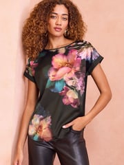 Love & Roses Black and Pink Floral Satin Front Jersey Back T-Shirt - Image 1 of 1
