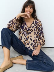 Animal Print Long Sleeve V-Neck Jersey Blouse - Image 1 of 8