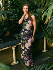 Blue Navy Floral Kew Collection Mesh Halter Neck Rouched Midi Dress - Image 2 of 8