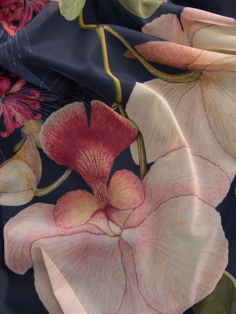 Blue Navy Floral Kew Collection Mesh Halter Neck Rouched Midi Dress - Image 8 of 8