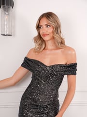Sistaglam Grey Sequin Maxi Bardot Ruched Dress - Image 4 of 5
