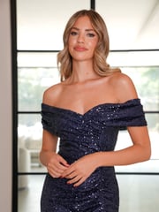 Sistaglam Blue Sequin Maxi Bardot Ruched Dress - Image 3 of 4