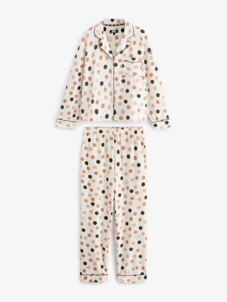 DKNY Cream Dot Fleece Gifting Notch Pyjamas Set - Bild 1 von 3