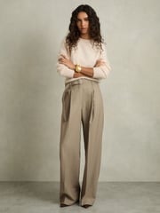 Reiss Neutral Clara Petite Wool Belted Wide-Leg Trousers - Image 1 of 7