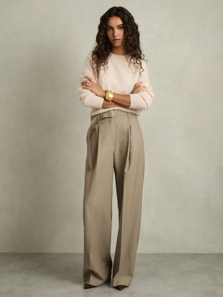 Reiss Neutral Clara Petite Wool Belted Wide-Leg Trousers - Image 1 of 7