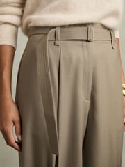 Reiss Neutral Clara Petite Wool Belted Wide-Leg Trousers - Image 4 of 7