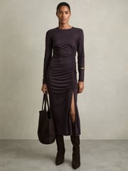 Reiss Burgundy Rosie Jersey Ruched Midi Dress - Image 1 of 5