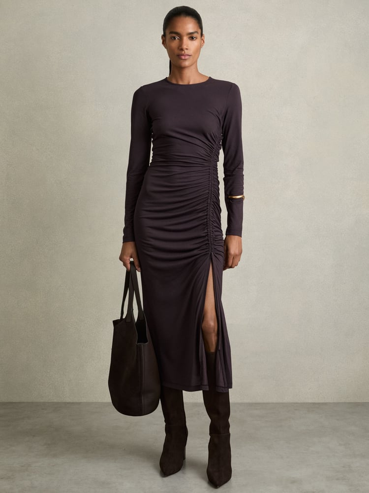 Reiss Burgundy Rosie Jersey Ruched Midi Dress - Image 1 of 5