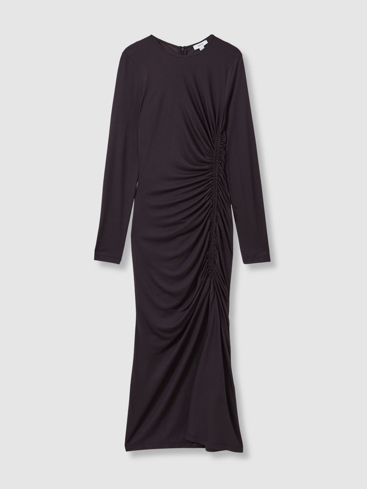 Reiss Burgundy Rosie Jersey Ruched Midi Dress - Image 2 of 5