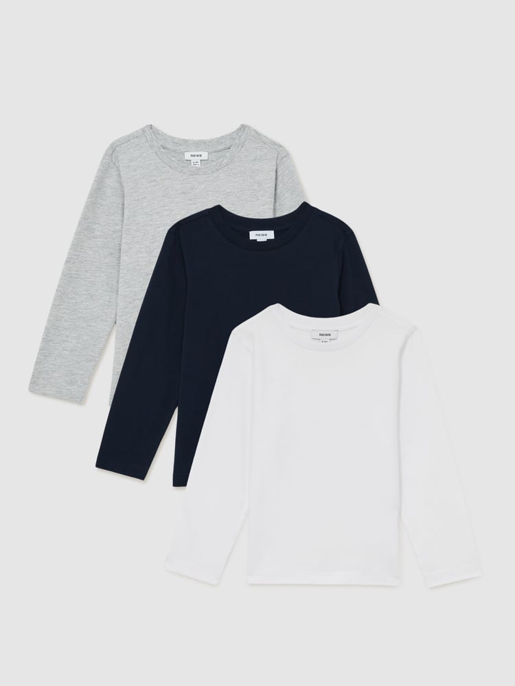 Reiss White/Soft Grey/Navy Fort 9-13 yrs Cotton-Jersey Long-Sleeve T-Shirts 3 Pack - Image 1 of 5