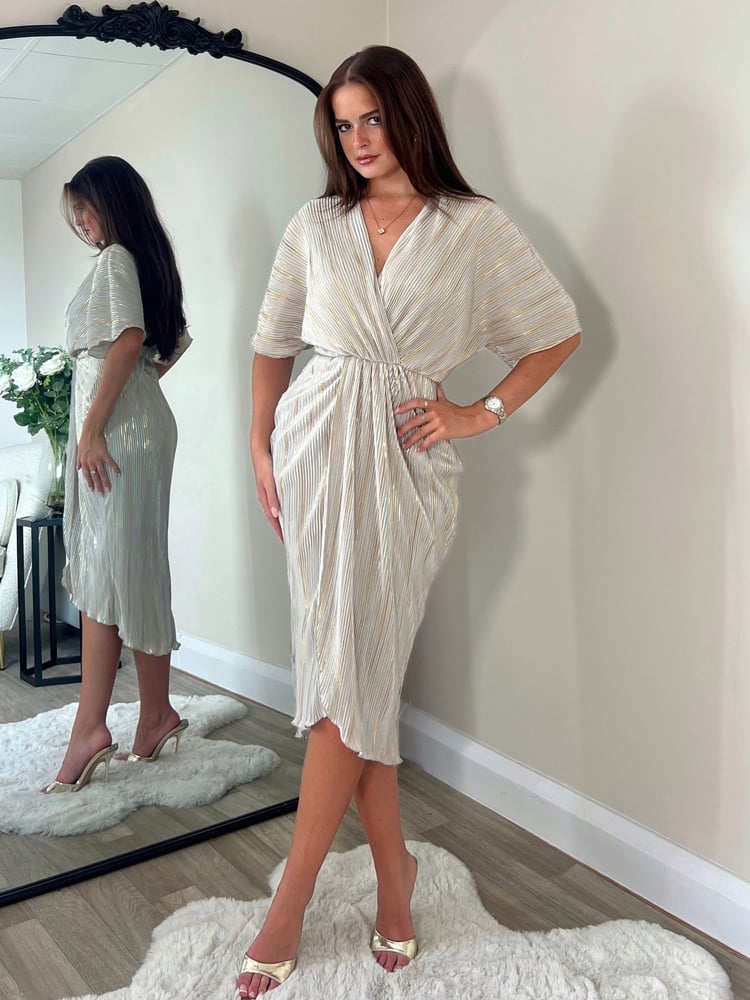 Girl In Mind Cream Gold Chelsea Wrap Detailing Midi Dress - Image 1 of 4