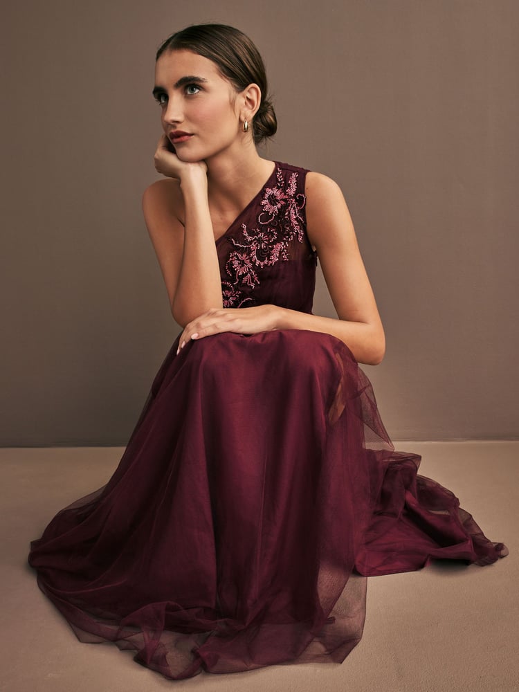 Maya Purple One Shoulder Tulle Maxi Dress With Embellished Motif - Image 2 of 3