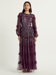 Maya Purple Blouson Sleeve Sequin Maxi Dress With Ruffle Detail - Image 1 of 4