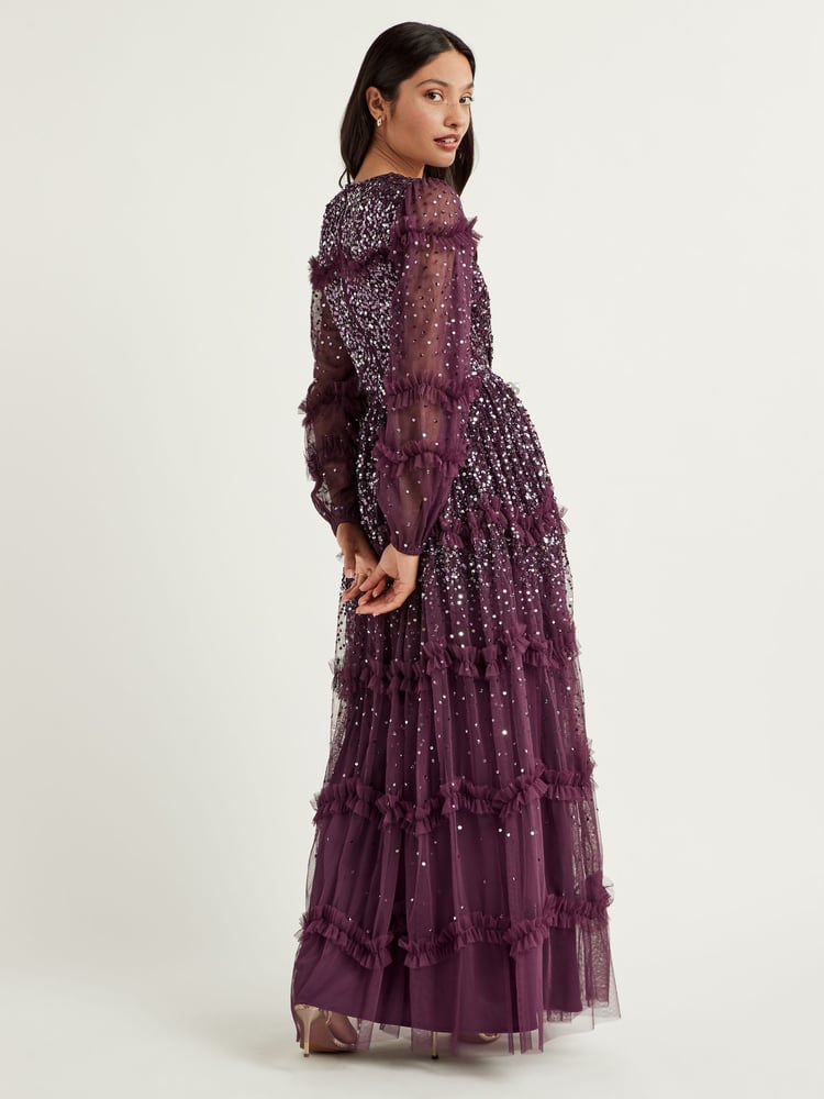 Maya Purple Blouson Sleeve Sequin Maxi Dress With Ruffle Detail - Image 2 of 4