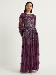 Maya Purple Blouson Sleeve Sequin Maxi Dress With Ruffle Detail - Image 3 of 4