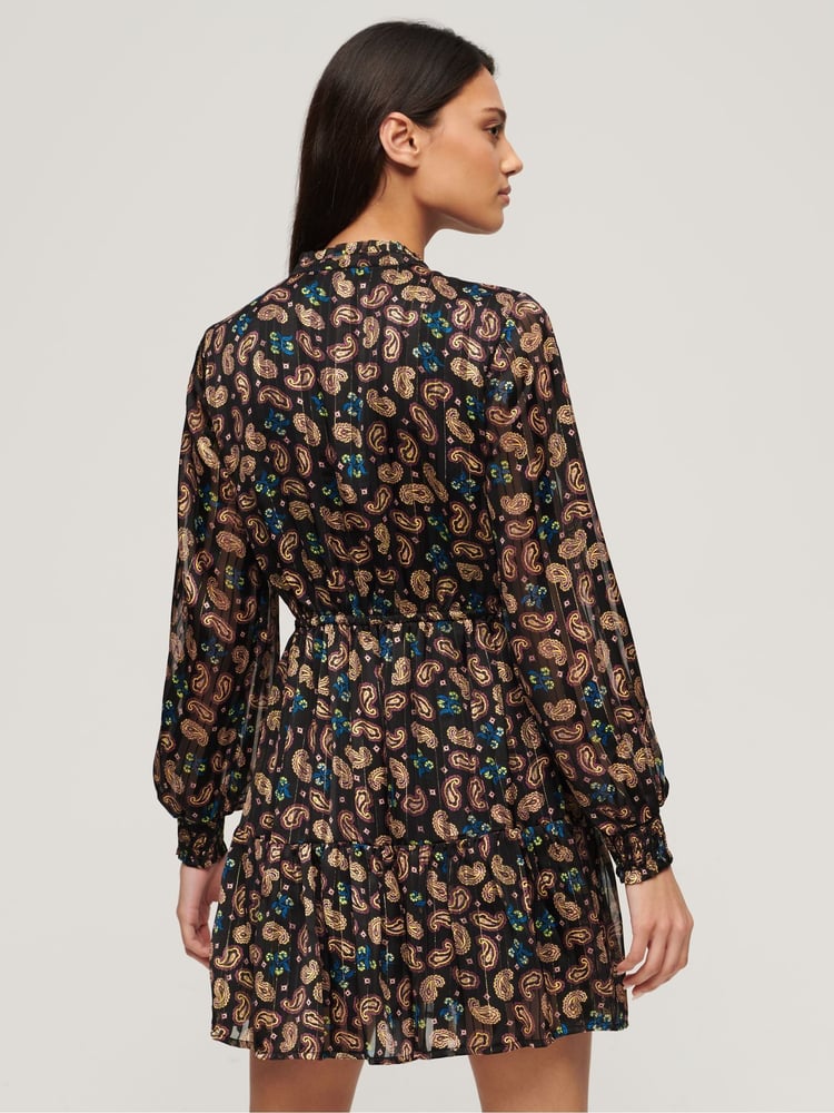 Superdry Brown Mini Printed Long Sleeve Metallic Dress - Image 2 of 3