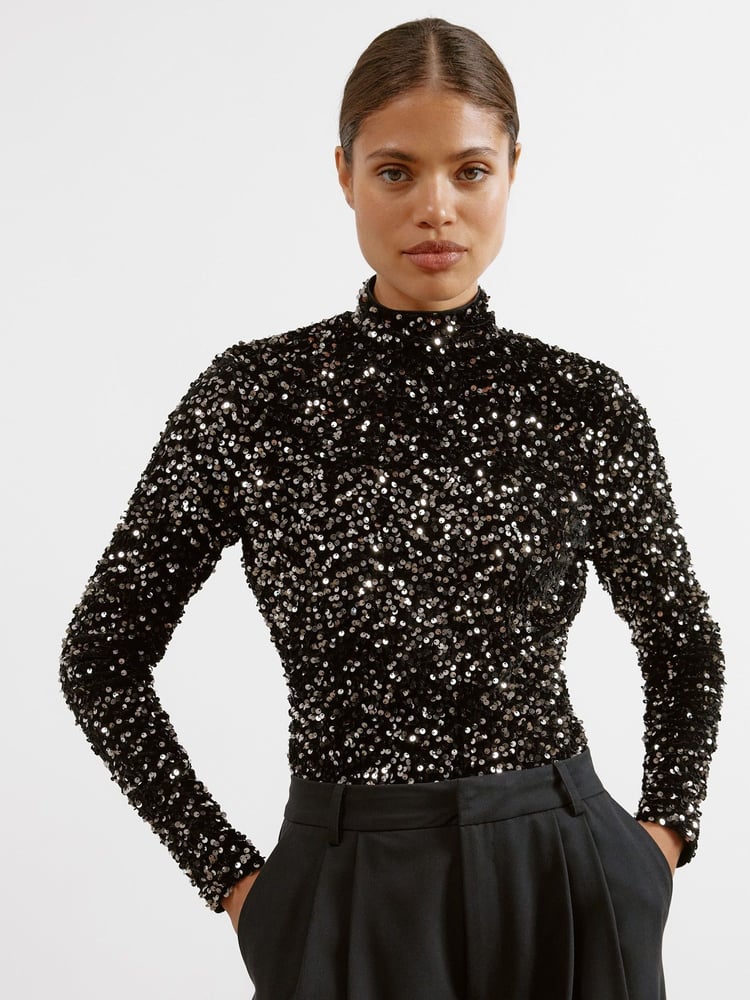 Albaray Velvet Sequin Turtle Neck Black Top - Image 1 of 4