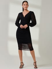 Jolie Moi Black Long Sleeve Ruched Mesh Midi Dress - Image 1 of 6