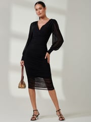 Jolie Moi Black Long Sleeve Ruched Mesh Midi Dress - Image 5 of 6
