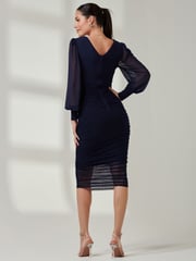 Jolie Moi Blue Long Sleeve Ruched Mesh Midi Dress - Image 2 of 6