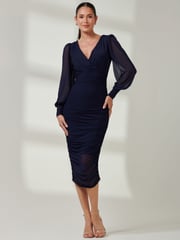 Jolie Moi Blue Long Sleeve Ruched Mesh Midi Dress - Image 4 of 6