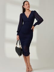 Jolie Moi Blue Long Sleeve Ruched Mesh Midi Dress - Image 5 of 6