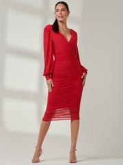 Jolie Moi Red Long Sleeve Ruched Mesh Midi Dress - Image 5 of 6