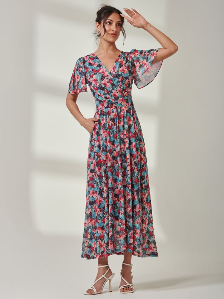 Jolie Moi Green Gracelyn Wrap Front Mesh Maxi Dress - Image 1 of 6