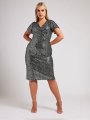 Yours Curve Silver London Sequin Wrap Shift Dress - Image 2 of 5