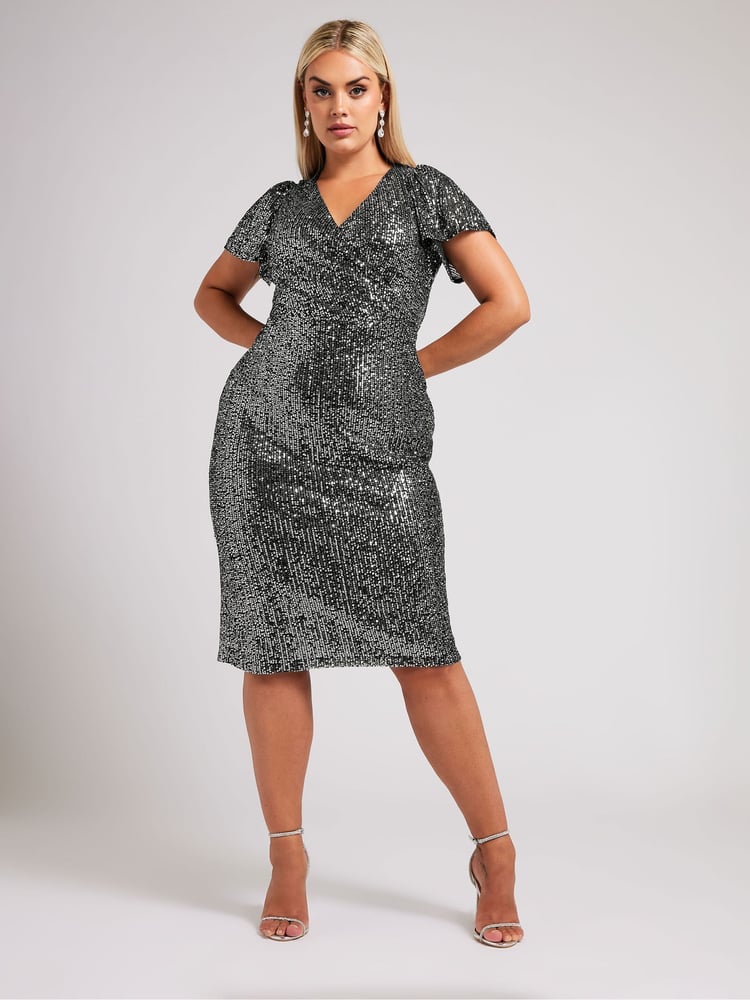 Yours Curve Silver London Sequin Wrap Shift Dress - Image 2 of 5