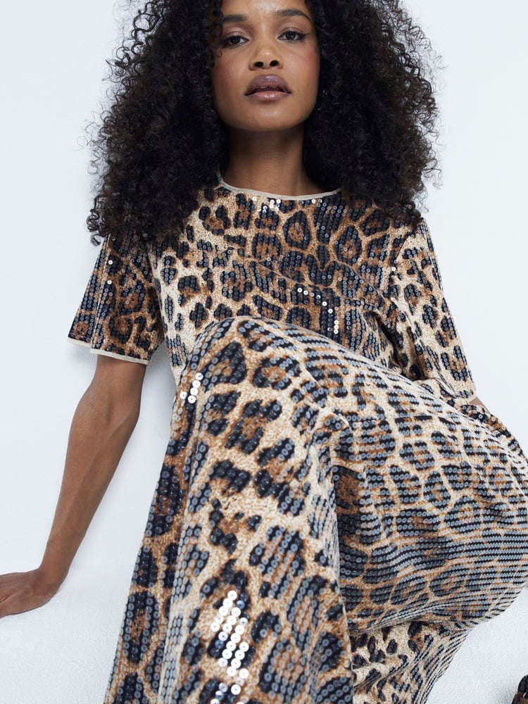 River Island Brown Leopard Print Sequin Trousers - Image 1 of 4