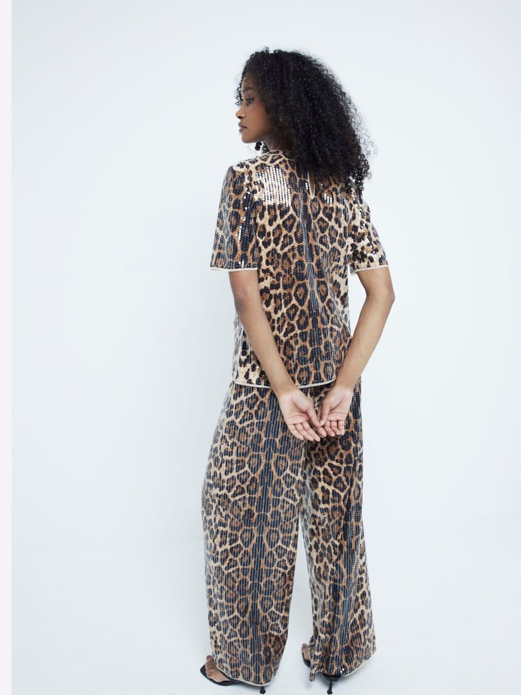 River Island Brown Leopard Print Sequin Trousers - Image 2 of 4