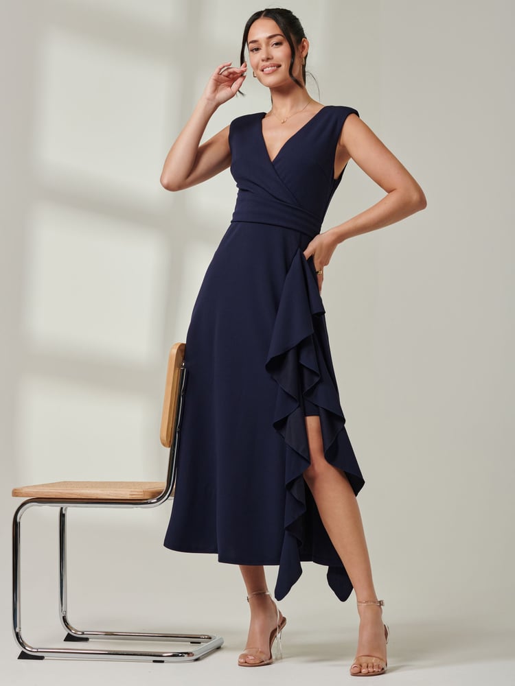 Jolie Moi Blue Wrap Front Frill Detail Maxi Dress - Image 1 of 6