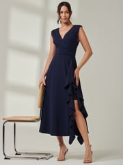 Jolie Moi Blue Wrap Front Frill Detail Maxi Dress - Image 4 of 6