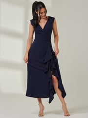 Jolie Moi Blue Wrap Front Frill Detail Maxi Dress - Image 5 of 6